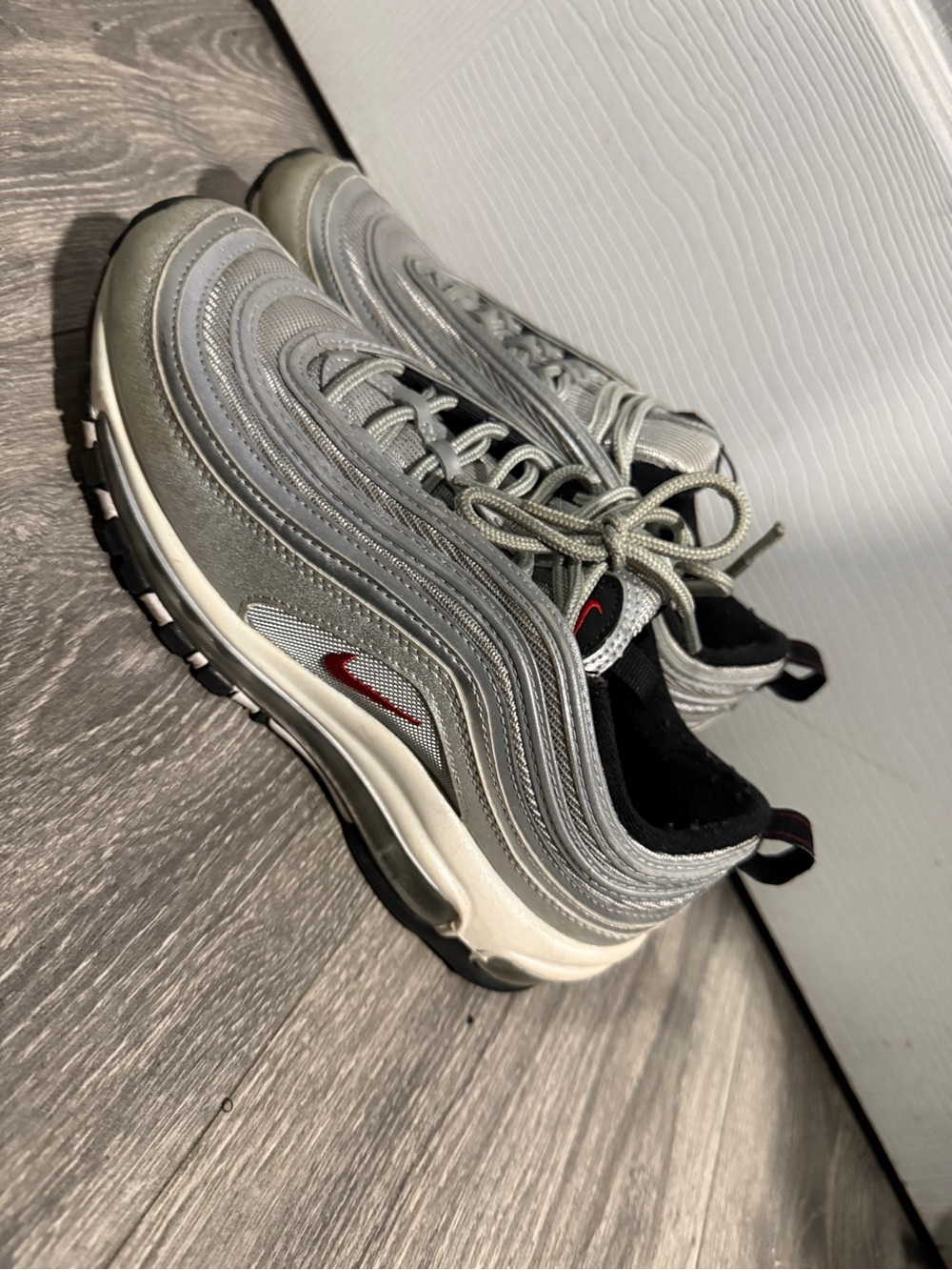 Nike Silver/Black Air Max 97 Sneakers with Red Swoosh